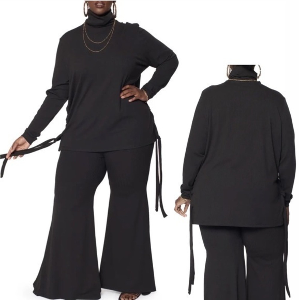Zelie for She Joplin Side Lace up Ribbed Turtle Neck Long Sleeve Black Tunic Top